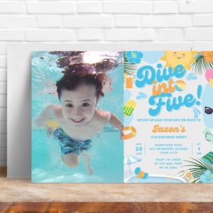 Dive Into Five Birthday Invitation With Photo. Printable Summer Boys 5th Birthday Invite. Editable Template. Blue Pool Party Theme. HB02