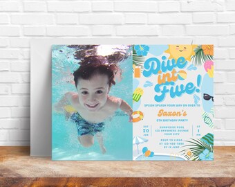 May include: A blue and yellow birthday party invitation with the text "Dive into Five!" and a photo of a boy swimming underwater. The invitation includes details for a pool party, including the date, time, location, and RSVP information.