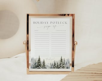 Puede incluir: Un cartel con marco dorado, fondo blanco y texto negro que dice "Holiday Potluck Sign Up". El cartel tiene dos columnas etiquetadas como "Name" y "Contribution". La parte inferior del cartel presenta una ilustración de acuarela de un bosque nevado.
