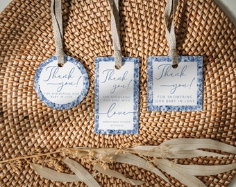 Toile De Jouy Baby Shower Favor Tags. Blue Boy Baby Shower Thank You Gift. Printable Editable Template. Floral Chinoiserie Sticker. BS65