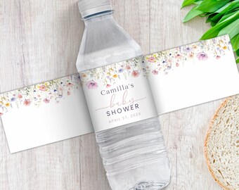 Peut inclure: Etiquette de bouteille d'eau avec un motif floral et le texte "Camilla's baby shower April 27, 202X".