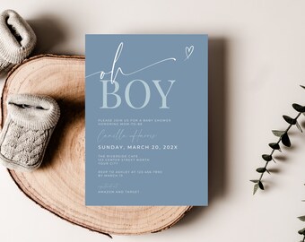 Könnte beinhalten: Eine blaue Babyparty-Einladung mit weißem Text, der "Oh Boy!" lautet und Details zur Veranstaltung enthält, einschließlich Datum, Uhrzeit, Ort und RSVP-Informationen.