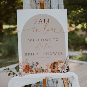 Fall In Love Bridal Shower Welcome Sign. Autumn Floral Welcome Poster Printable. Boho Arch Wedding Shower Decor. Editable Template. FLL20