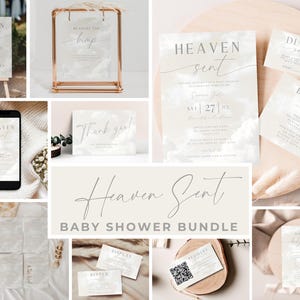 May include: A collection of baby shower stationery with a soft, cloud-like design. The set includes invitations, thank you cards, and signs with the text "Heaven Sent" and "Baby Shower Bundle". The color palette is neutral, with a focus on white and light gray.