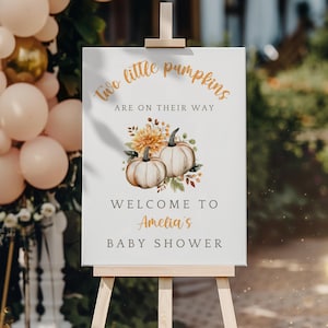 Two Little Pumpkins Baby Shower Welcome Sign. Editable Autumn Rustic Template. Printable Fall Twin Welcome Poster. Instant Download. BS21