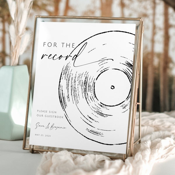 For The Record Wedding Guestbook. Minimalist Bridal Shower Decor. Editable Template. Audio Guest book Sign. Please Sign Our Guestbook. GRD