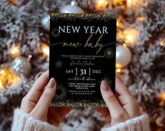 New Year New Baby Shower Invitation Template. Editable Holiday Invite. Black & Gold New Years Eve Theme. Printable Digital Download. BS94B