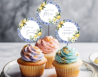 Blue Tile Lemon Cupcake Toppers. Editable Mediterranean Bridal Shower Desserts. She Found Her Main Squeeze Favor. Printable Tags. FLL52