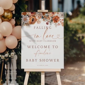 Fall In Love Baby Shower Sign. Autumn Terracotta Florals Welcome Poster Printable. Boho Arch Falling In Love Decor. Editable Template. BS20