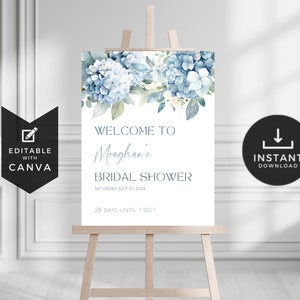 Welcome to Bridal Shower Sign Hydrangea. Dusty Blue Florals Welcome ...