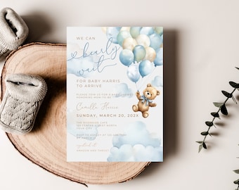 Blue We Can Bearly Wait Baby Shower Invite. Editable Brown Bear Balloon Baby Shower Invitation. Boy Boho Bear Baby Shower Template. BS18