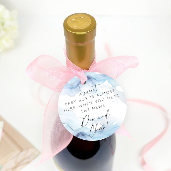 Pop And Cheer Editable Tag. Boy Champagne Baby Shower Favor Printable. Blue Pop It When She Pops Round Sticker. Mini Prosecco Label. GRD