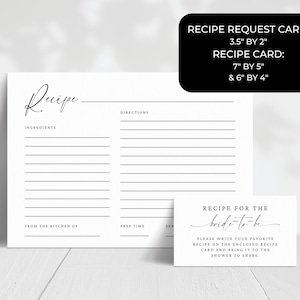 May include: A printable recipe card template with a handwritten font. The card is white with black lines for writing ingredients and directions. The text "Recipe for the bride-to-be" is on a separate card with instructions to write a favorite recipe and bring it to the shower.