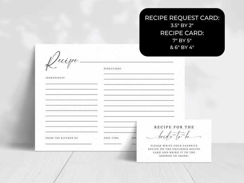 May include: A printable recipe card template with a handwritten font. The card is white with black lines for writing ingredients and directions. The text "Recipe for the bride-to-be" is on a separate card with instructions to write a favorite recipe and bring it to the shower.