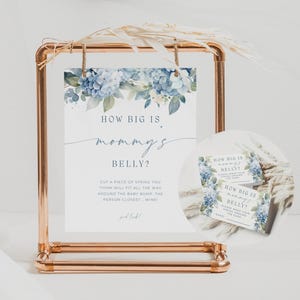 Guess Baby Bump Size Game. Blue Baby In Bloom Baby Shower Signs. Dusty Blue Floral Measure The Bump Sign & Card. Boy Baby Shower Decor. BS30