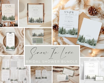 May include: A printable bridal shower bundle with a winter theme. The design features a watercolor illustration of a snowy forest with pine trees and the text "Snow in Love". The bundle includes invitations, welcome signs, recipe cards, and other printable items.