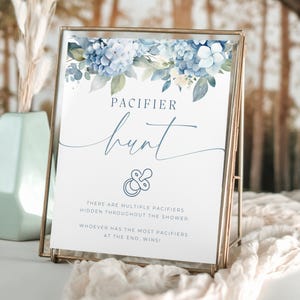 Pacifier Game Baby In Bloom. Editable Blue Baby Shower Sign Template. Find The Soother Activity. Dusty Blue Floral Baby Shower Decor. BS30