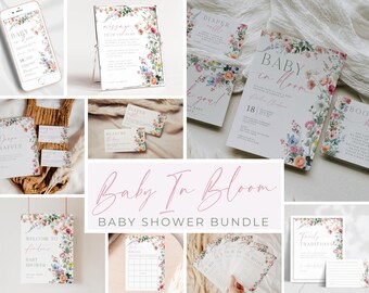 Baby In Bloom Baby Shower Bundle. Editable Bright Floral Template. Colorful Wildflower Baby Theme. Printable Invite Games Sign Decor. BS01