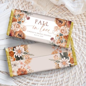 Fall In Love Chocolate Bar Wrapper Template. Autumn Bridal Shower Printable Favor. Burnt Orange Boho Floral Custom Candy Bar Label. FLL20