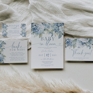 Baby In Bloom Invitation Set Blue. Dusty Blue Boy Baby Shower Invite Bundle. Editable Template. Instant Download. Floral Diaper Raffle. BS30
