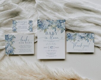 Baby In Bloom Invitation Set Blue. Dusty Blue Boy Baby Shower Invite Bundle. Editable Template. Instant Download. Floral Diaper Raffle. BS30