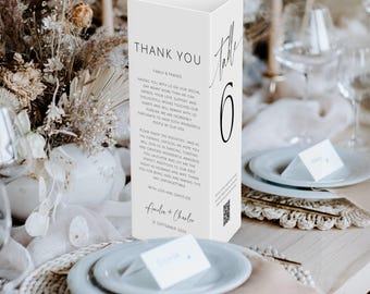 Wedding Tri-fold Table Numbers. Modern Minimalist Triangle Signage. Printable Thank You & Menu Place Card. QR Code. Editable Template. GRD
