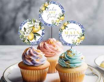 Blue Tile Lemon Cupcake Toppers. Editable Baby Shower Desserts. Mediterranean Mama's Main Squeeze Favor. Printable Tags. Custom Decor. BS52