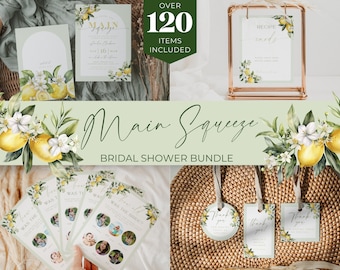 May include: A bridal shower bundle with a lemon theme. The bundle includes invitations, recipe cards, thank you tags, and games. The design features watercolor lemons, flowers, and greenery.