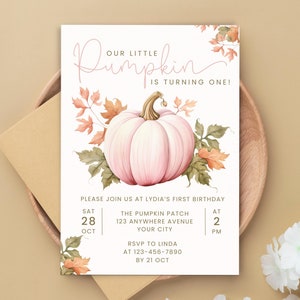 Unser kleiner Kürbis verfärbt sich rosa! Erster Geburtstag einladen. Mädchen 1.Geburtstag. Herbst-Geburtstag. Bearbeitbar in Canva. Evit. HB05
