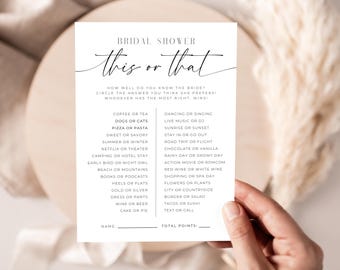 This Or That Bridal Shower Game. Editable Template. Would She Rather Trivia. Modern Minimalist Game Card. Fun Unique Wedding Game. GRD