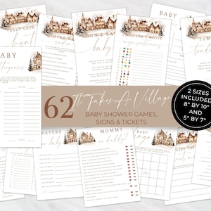 May include: A collection of baby shower games, signs, and tickets. The designs feature watercolor illustrations of winter village scenes. Includes 62 games, with two sizes: 8" by 10" and 5" by 7".