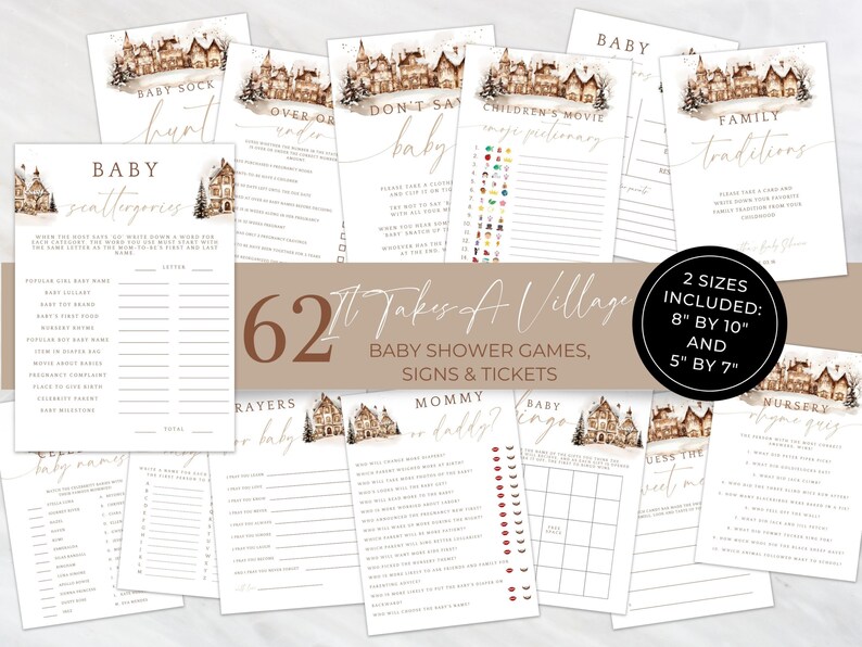 May include: A collection of baby shower games, signs, and tickets. The designs feature watercolor illustrations of winter village scenes. Includes 62 games, with two sizes: 8" by 10" and 5" by 7".
