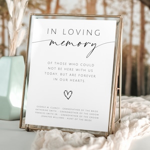 May include: A framed sign with the words "IN LOVING memory" in black script. The sign includes a heartfelt message and a list of names, perfect for a memorial or wedding. The frame is gold.