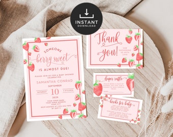 May include: A set of printable baby shower invitations with a pink and red color scheme and a strawberry theme. The invitation says "Someone berry sweet is almost due!" and includes the date, time, and location of the shower. The other cards say "Thank you!" and "Diaper Raffle".