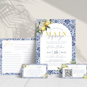 Lemon Bridal Shower Invitation Bundle. She Found Her Main Squeeze Amalfi Coast Theme. Editable Template. Printable Favor & Recipe. FLL52