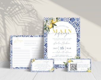 Lemon Bridal Shower Invitation Bundle. She Found Her Main Squeeze Amalfi Coast Theme. Editable Template. Printable Favor & Recipe. FLL52