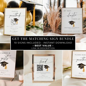 May include: A collection of graduation party signs with gold frames. The signs include phrases like "Photo Guestbook", "My Next Chapter", "Cards & Gifts", "College Fund", and "Please Sign the Guestbook". Each sign features a graduation cap graphic.
