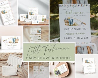 A Little Fisherman Is On The Way Bundle. Editable Fishing Baby Shower Invitation Template. Reel Excited Games & Signs. Printable Tags. BS47