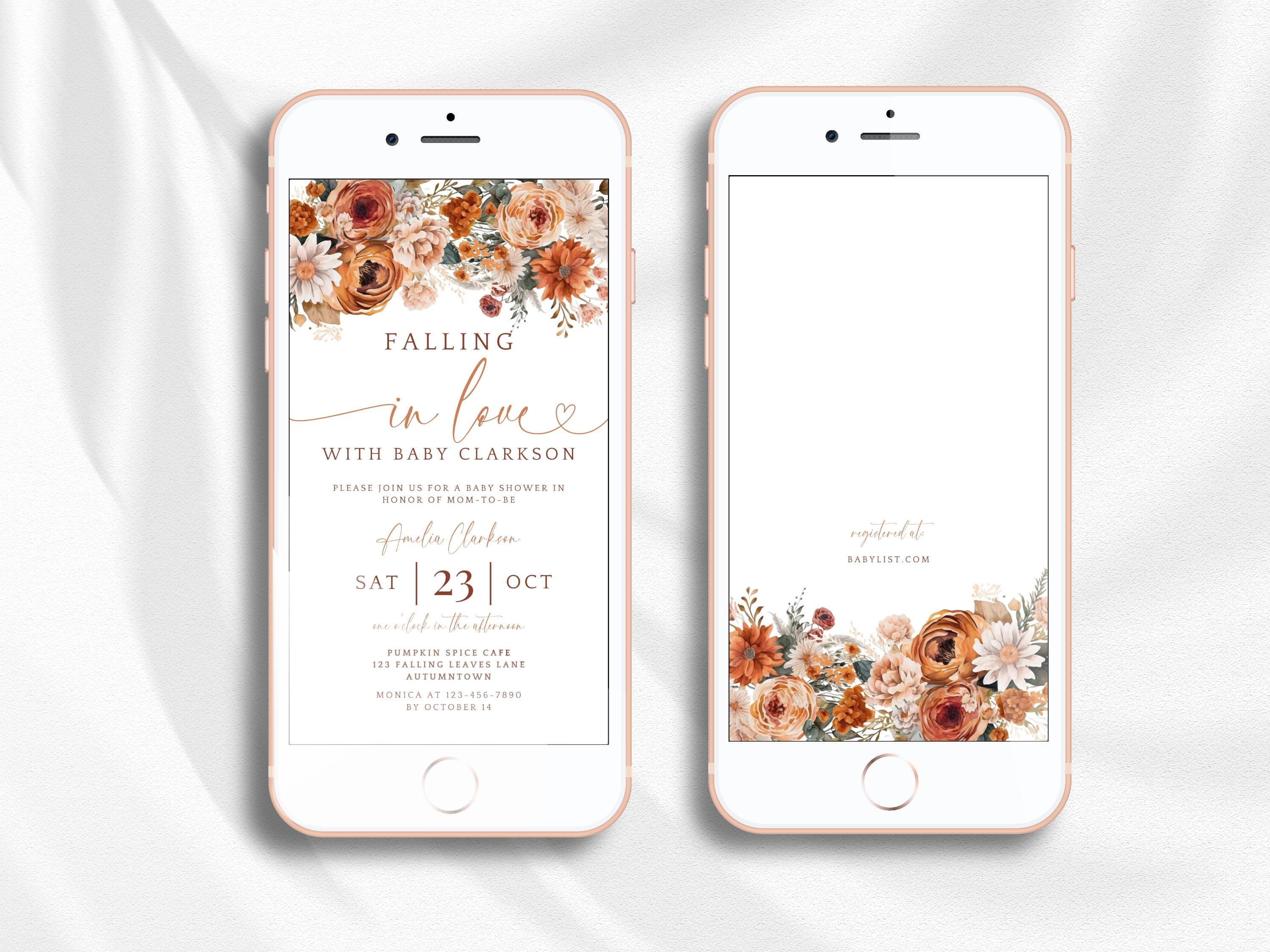 Fall In Love Baby Shower Evite. Editable Gender Neutral Autumn Electronic Invite. Boho Fall Floral Digital Invitation. Text or Email. BS20