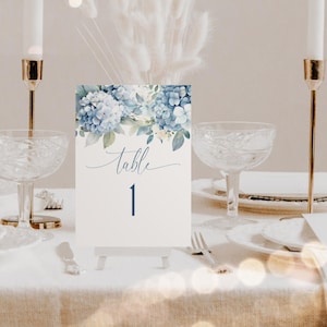 Blue Hydangeas Table Number. Dusty Blue Floral Printable Table Signs. Editable Template. 5 by 7 and 4 by 6 Sizes. Instant Download. FLL30