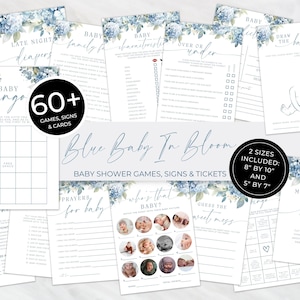 Baby In Bloom Baby Shower Games Blue. Dusty Blue Floral Printable Game Bundle. Baby Boy Activity Bundle Download. Editable Templates. BS30