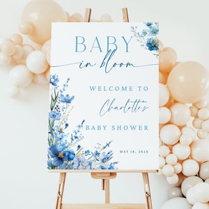 Wildflower Baby Boy Welcome Sign Poster. Large Dusty Blue Baby In Bloom Printable Sign. Floral Shower Decor. Editable Template. BS07