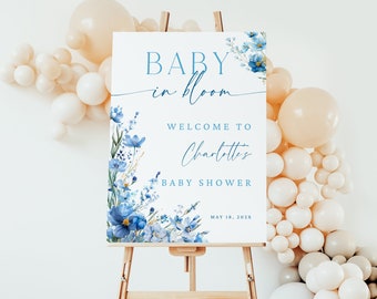 Wildflower Baby Boy Welcome Sign Poster. Large Dusty Blue Baby In Bloom Printable Sign. Floral Shower Decor. Editable Template. BS37