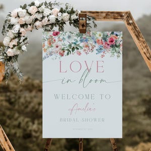 Love Is In Bloom Bridal Shower Welcome Sign. Bright Wildflower Wedding Shower Poster Printable. Editable Spring Garden Party Template. WS01