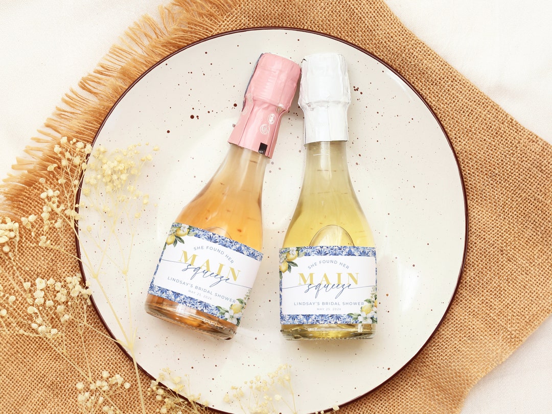 She Found Her Main Squeeze Favor. Blue Tile & Lemons Mini Champagne Tag ...