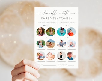 May include: A printable game for a baby shower or bridal shower. The game asks guests to guess how old the parents-to-be were in each photo. There are six photos of the bride and groom at different ages.