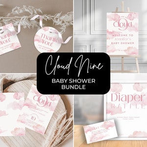 Cloud 9 Baby Shower Bundle. Editable Invitation. It&#39;s a Girl. We&#39;re on Cloud Nine. Pink Baby Shower Suite. Instant Download. Printable FLL13