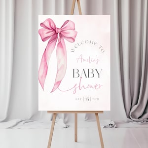 Welcome Baby Shower Sign With Pink Bow. Coquette It's A Girl Girl Entrance Poster Printable. Pink Ribbon Decor. Editable Template. BS02P