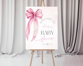 Welcome Baby Shower Sign With Pink Bow. Coquette It's A Girl Girl Entrance Poster Printable. Pink Ribbon Decor. Editable Template. BS2P