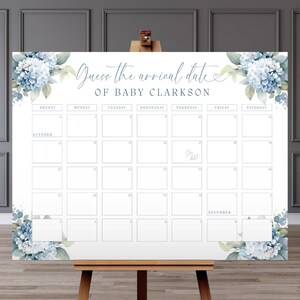 Baby In Bloom Due Date Calender. Editable Dusty Blue Flowers Guess Baby's Arrival. Printable Game Sign. Boy Baby Shower Birthday. BS30